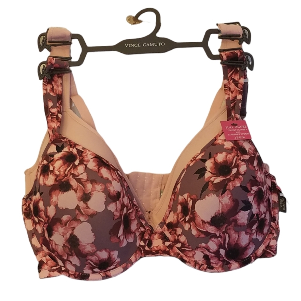 NWT Vince Camuto 2 Pack  Full Figure Tshirt Cup Bra Floral Mauve Size 40D